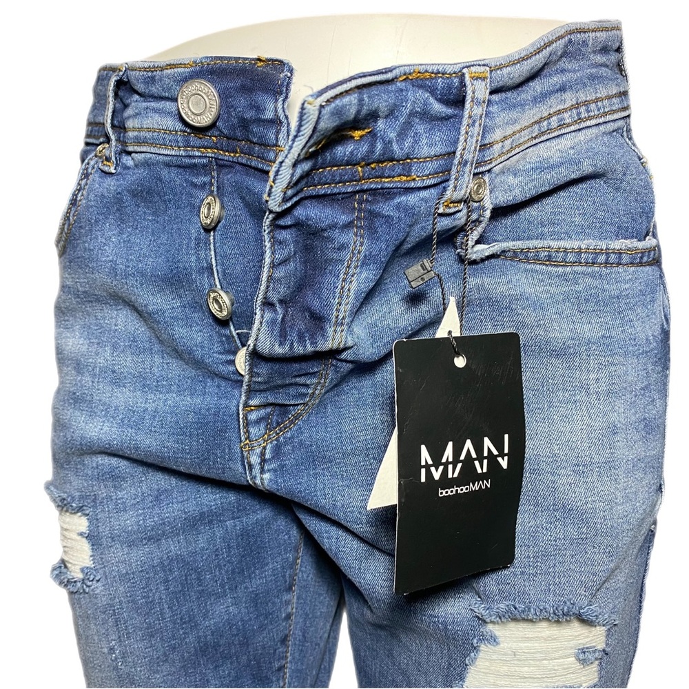 Boohoo MAN Super Skinny Jeans Multi Rip Vintage Blue - Picture 2 of 3